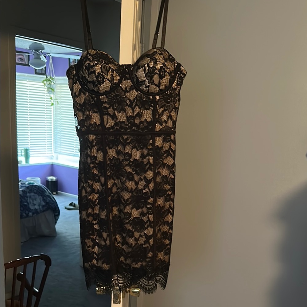 Iris Black and Tan Sheath Mini Dress Spaghetti Strap